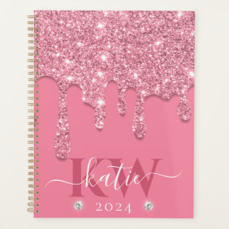 Agenda Monograma Elegante Rosa Claro com Glitter Caindo
