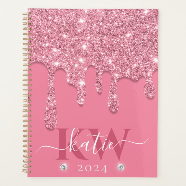 Agenda Monograma Elegante Rosa Claro com Glitter Caindo (Frente)