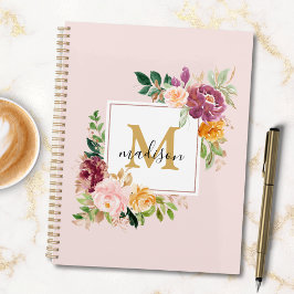 Agenda Monograma Elegante Rosa de Aquarela Botânica