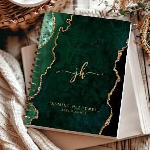Agenda Monograma Esmeralda Verde Dourado Ágata 2025