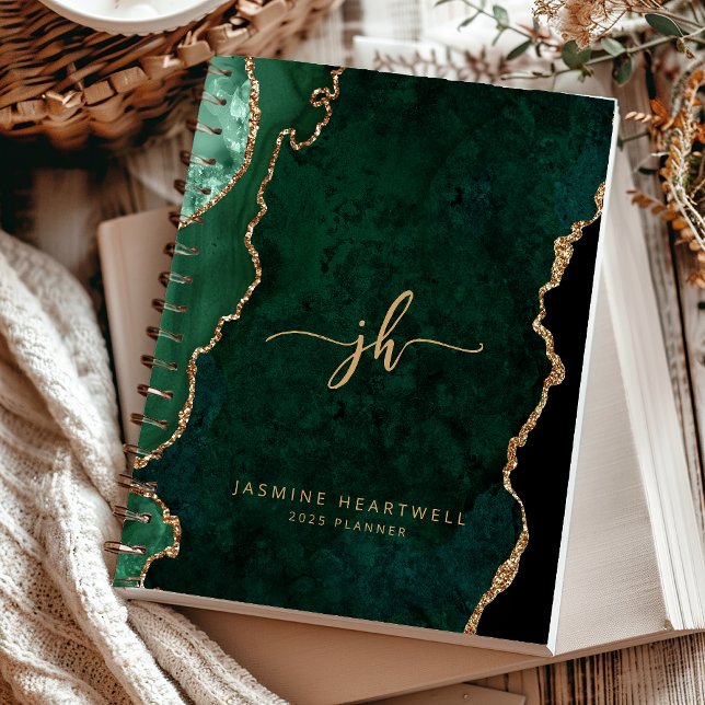 Agenda Monograma Esmeralda Verde Dourado Ágata 2025 (Criador carregado)