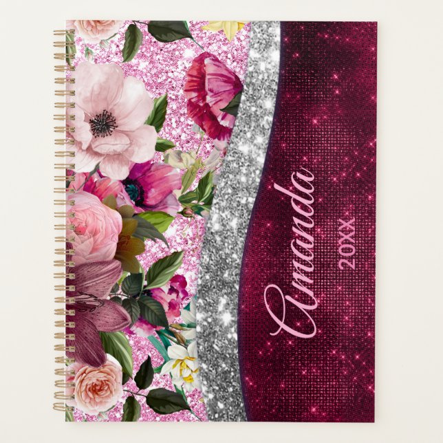 Agenda monograma floral Burgundy cor-de-rosa-prateado (Frente)
