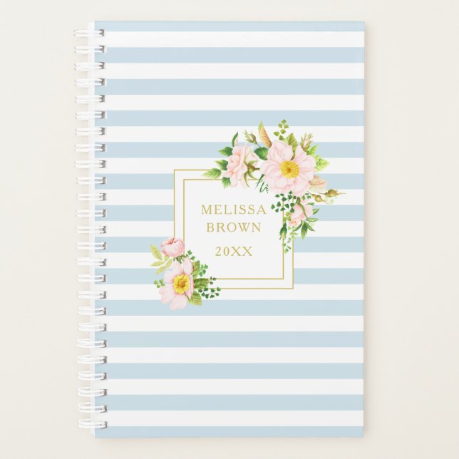 Agenda Monograma Floral Chic Pastel Blue Strips Pequenos (Frente)