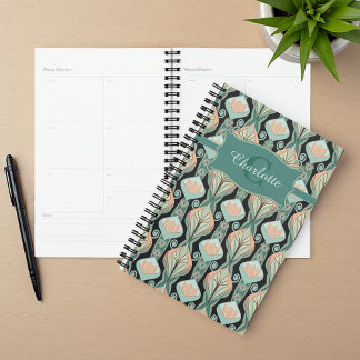 Agenda Monograma Floral com Padrão Botânico Abstrato Vint