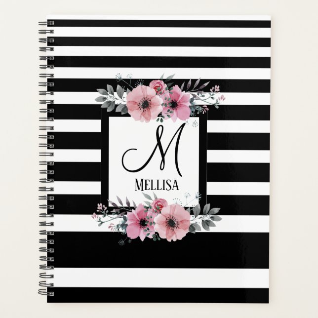 Agenda Monograma Floral Cor-de-rosa com faixas brancas e  (Frente)