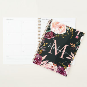 Agenda Monograma Floral de Folha de Ouro Rosa Cinzenta Gi