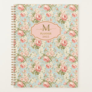 Agenda Monograma Floral de Rosas Cor-de-Rosa Vintage Shab
