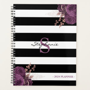 Agenda Monograma Floral Dourado com Rosa púrpura Branco p