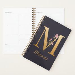 Agenda Monograma Floral Dourado Elegante Azul Personaliza
