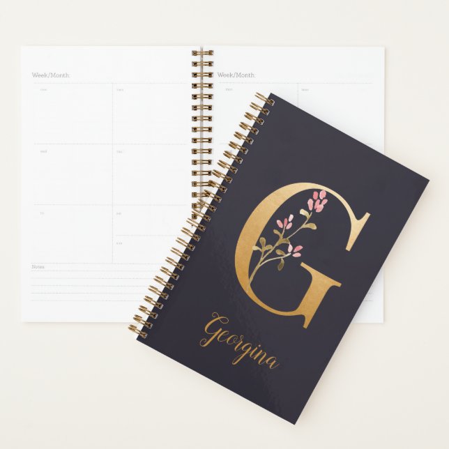 Agenda Monograma Floral Dourado Elegante Azul Personaliza (Exibição)
