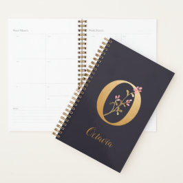 Agenda Monograma Floral Dourado Elegante Azul Personaliza