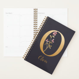 Agenda Monograma Floral Dourado Elegante Azul Personaliza
