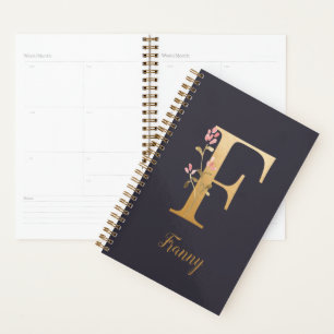 Agenda Monograma Floral Dourado Elegante Azul Personaliza
