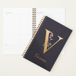 Agenda Monograma Floral Dourado Elegante Azul Personaliza