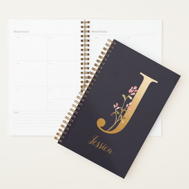 Agenda Monograma Floral Dourado Elegante Azul Personaliza (Exibição)