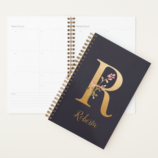 Agenda Monograma Floral Dourado Elegante Azul Personaliza (Exibição)