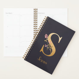 Agenda Monograma Floral Dourado Elegante Azul Personaliza