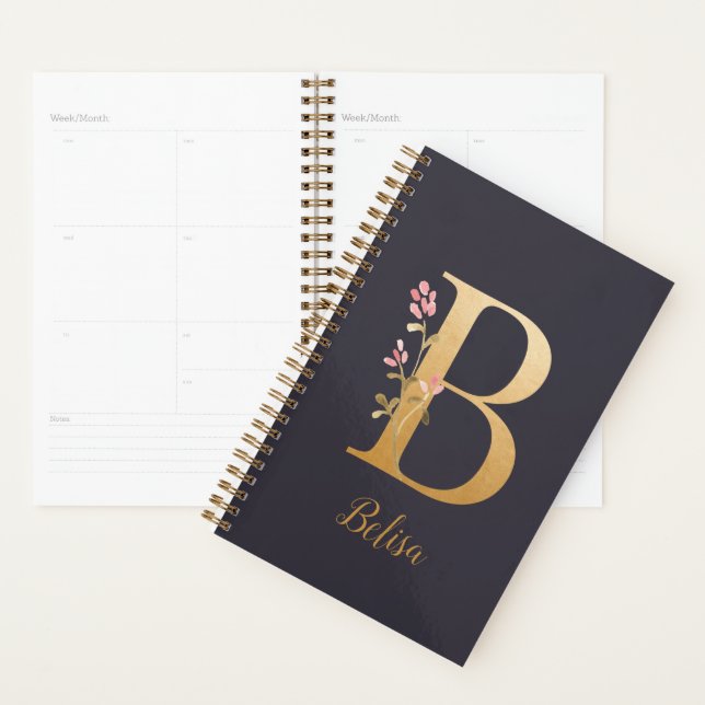 Agenda Monograma Floral Dourado Elegante Azul Personaliza (Exibição)