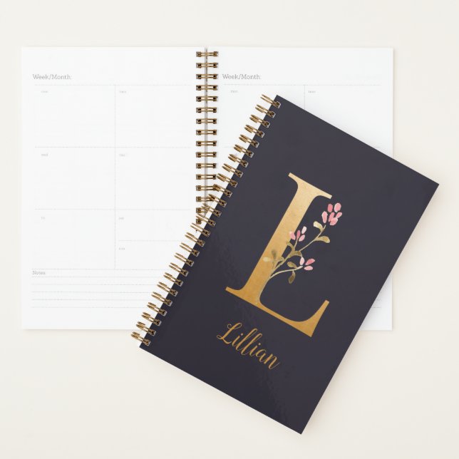 Agenda Monograma Floral Dourado Elegante Azul Personaliza (Exibição)