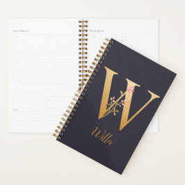 Agenda Monograma Floral Dourado Elegante Azul Personaliza