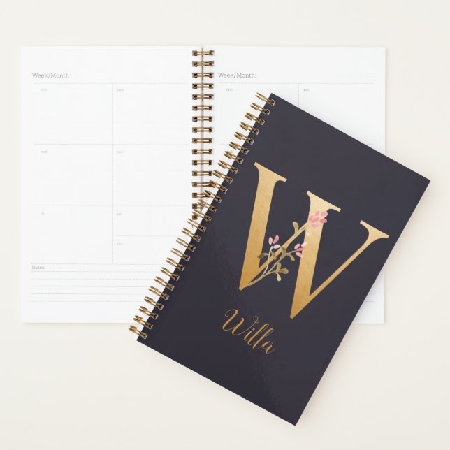 Agenda Monograma Floral Dourado Elegante Azul Personaliza (Exibição)