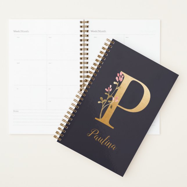 Agenda Monograma Floral Dourado Elegante Azul Personaliza (Exibição)