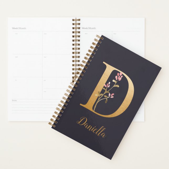 Agenda Monograma Floral Dourado Elegante Azul Personaliza (Exibição)