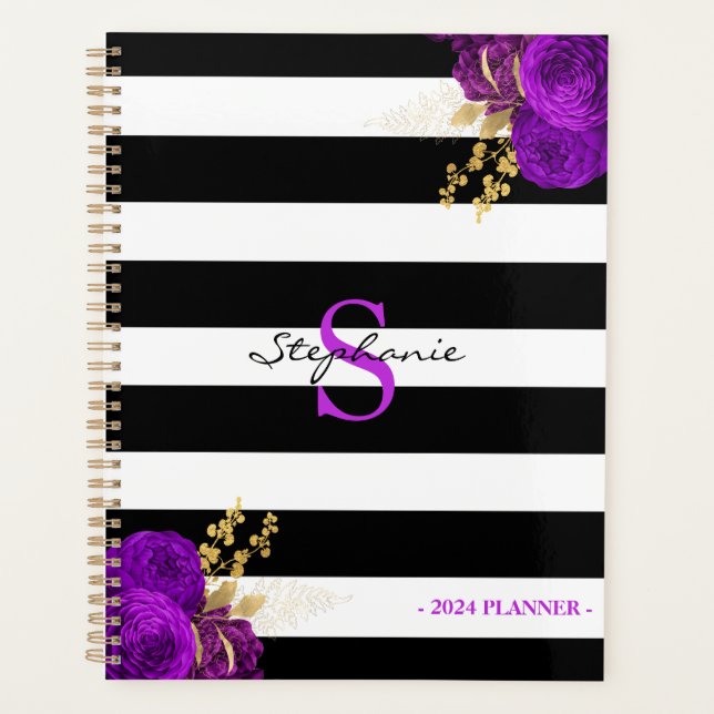 Agenda Monograma Floral Dourado Roxo Preto 2024 (Frente)