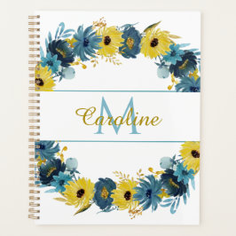 Agenda Monograma Floral Floral de Outono Dourado Azul