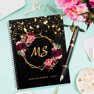 Agenda Monograma floral geométrico burgundy de ouro pret