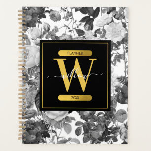 Agenda Monograma Floral Preto, Branco e Dourado