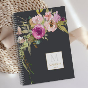 Agenda Monograma Floral Rosa Desbotado Roxo Tendência