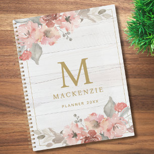 Agenda Monograma Floral Rosa em Aquarela de Madeira Rústi