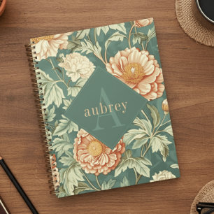 Agenda Monograma Floral Vintage William Morris em Pêssego