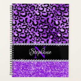 Agenda Monograma Glam com Manchas de Leopardo Preto e Vio