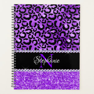 Agenda Monograma Glam com Manchas de Leopardo Preto e Vio