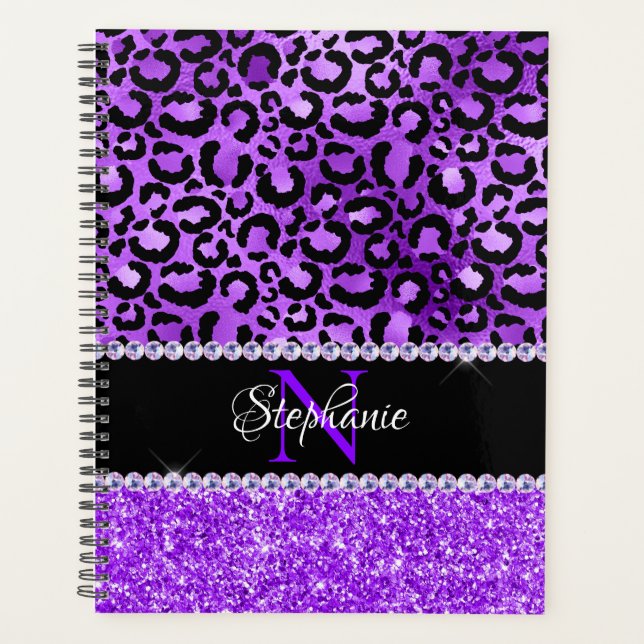 Agenda Monograma Glam com Manchas de Leopardo Preto e Vio (Frente)