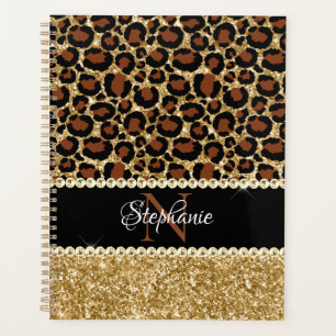 Agenda Monograma Glam Glitter Dourado Leopardo Feminino