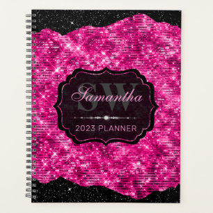 Agenda Monograma Glitter Rosa Quente e Bordas Pretas Eleg