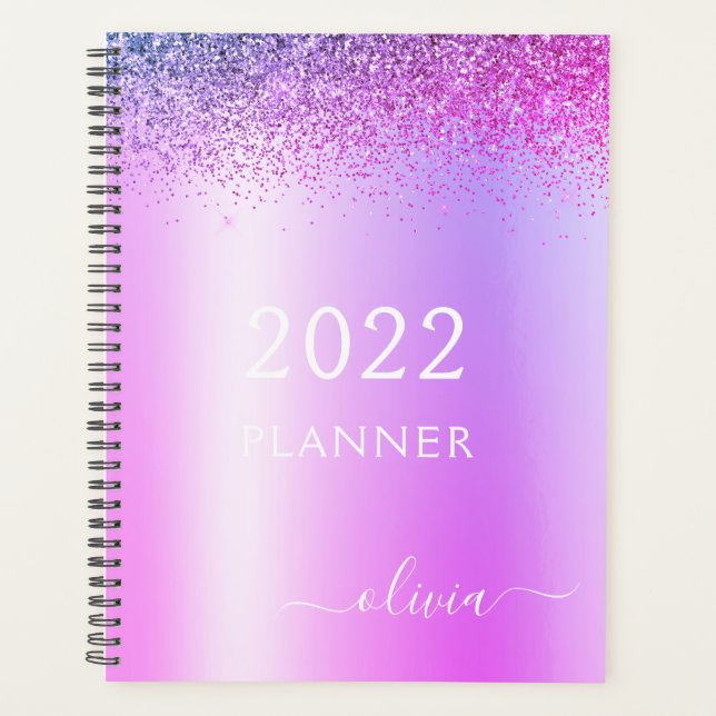 Agenda Monograma Glitter Roxo 2022 para Garota (Frente)