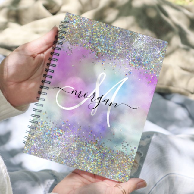 Agenda Monograma Holográfico Glitter Arco-Íris Pastel (Criador carregado)