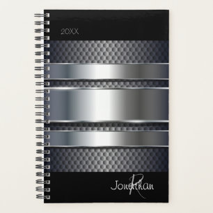 Agenda Monograma Industrial Metálico Preto Prateado