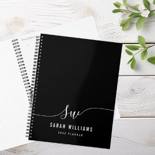 Agenda Monograma inicial de script branco e preto elegant