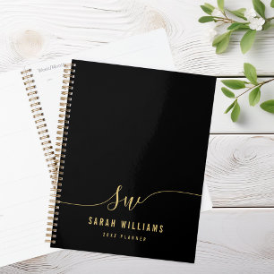 Agenda Monograma Inicial de Script Dourado Preto Elegante
