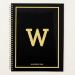 Agenda Monograma Inicial Dourado Preto Simples Mensal<br><div class="desc">Um simples design com cor preta de fundo e seu monograma inicial personalizado em ouro posicionado no centro. Um belo design minimalista ideal para qualquer um. Presente de aniversário ideal, decoração de festas, decoração caseira, papelaria, presente de Natal ou presente para qualquer outra ocasião especial. Visite nosso compro para ver...</div>