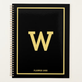 Agenda Monograma Inicial Dourado Preto Simples Mensal