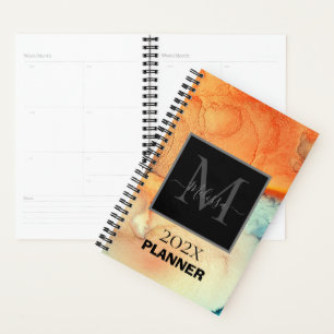 Agenda Monograma Laranja Moderno e Azul Marmoreado