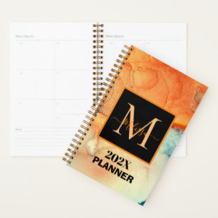 Agenda Monograma Laranja Moderno e Azul Marmoreado
