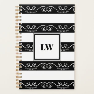Agenda Monograma listrado branco preto-Elegante