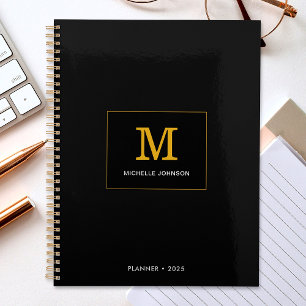 Agenda Monograma Minimalista Elegante Texto Preto Dourado